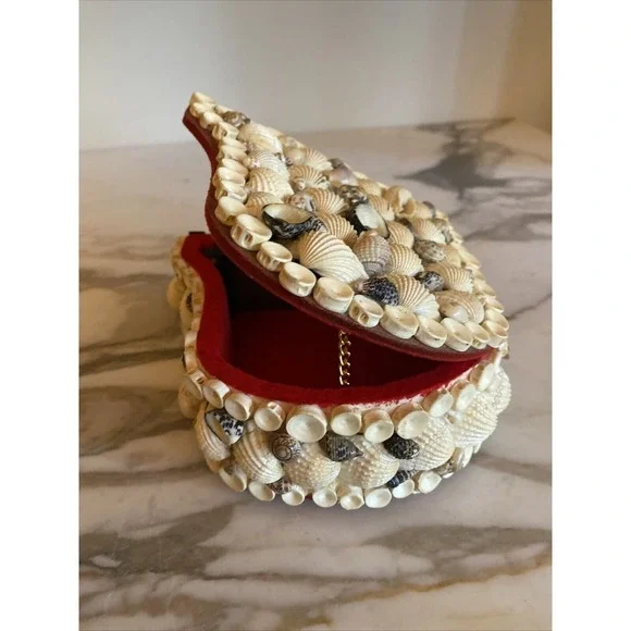 Handmade Seashell Grand Piano Jewelry Box Red Velvet Lining Vintage Coastal Art - Picture 5 of 8